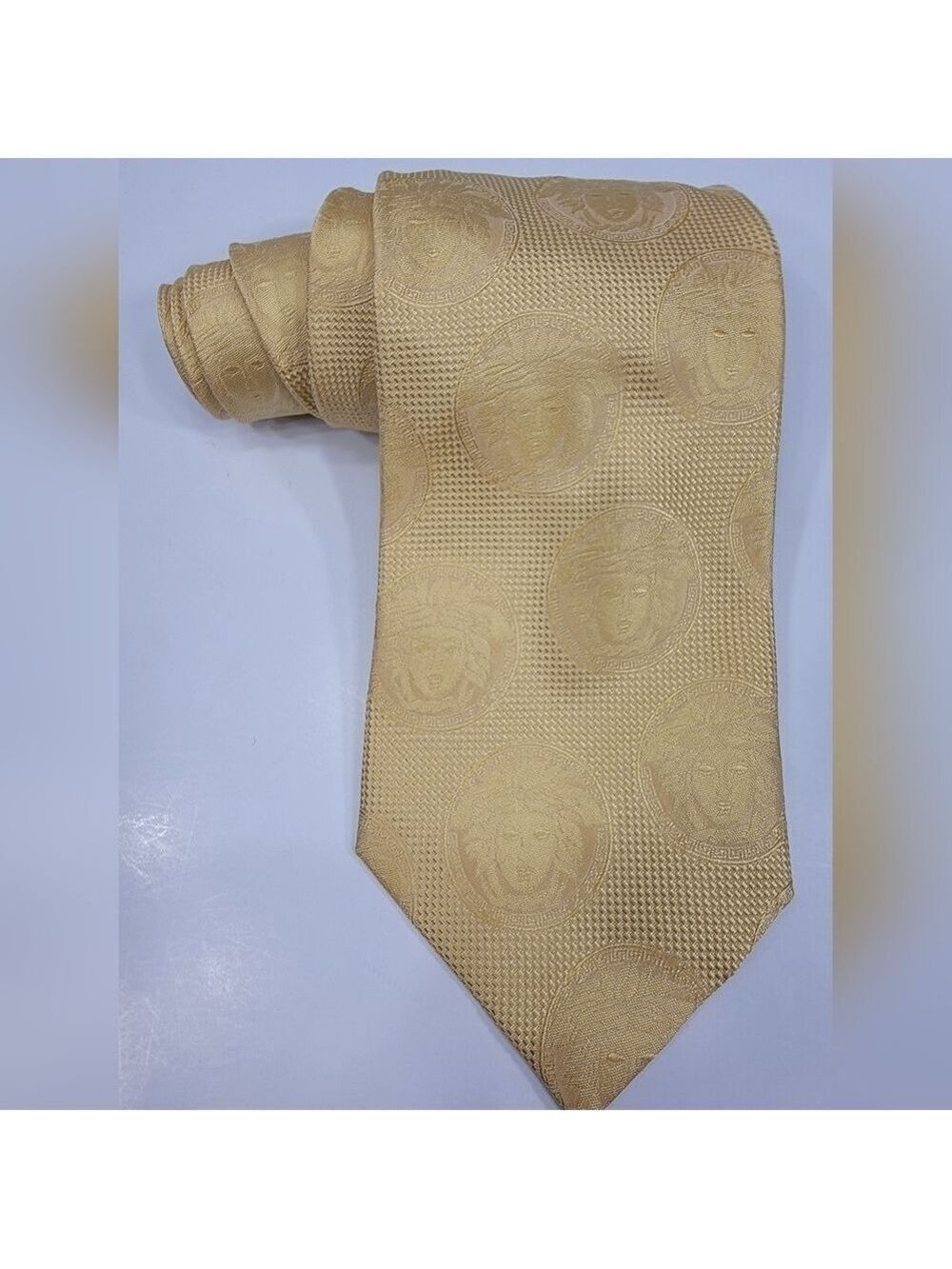 1990s Gianni Versace Couture Silk Tie Medusa Print Yellow Vintage Necktie RARE